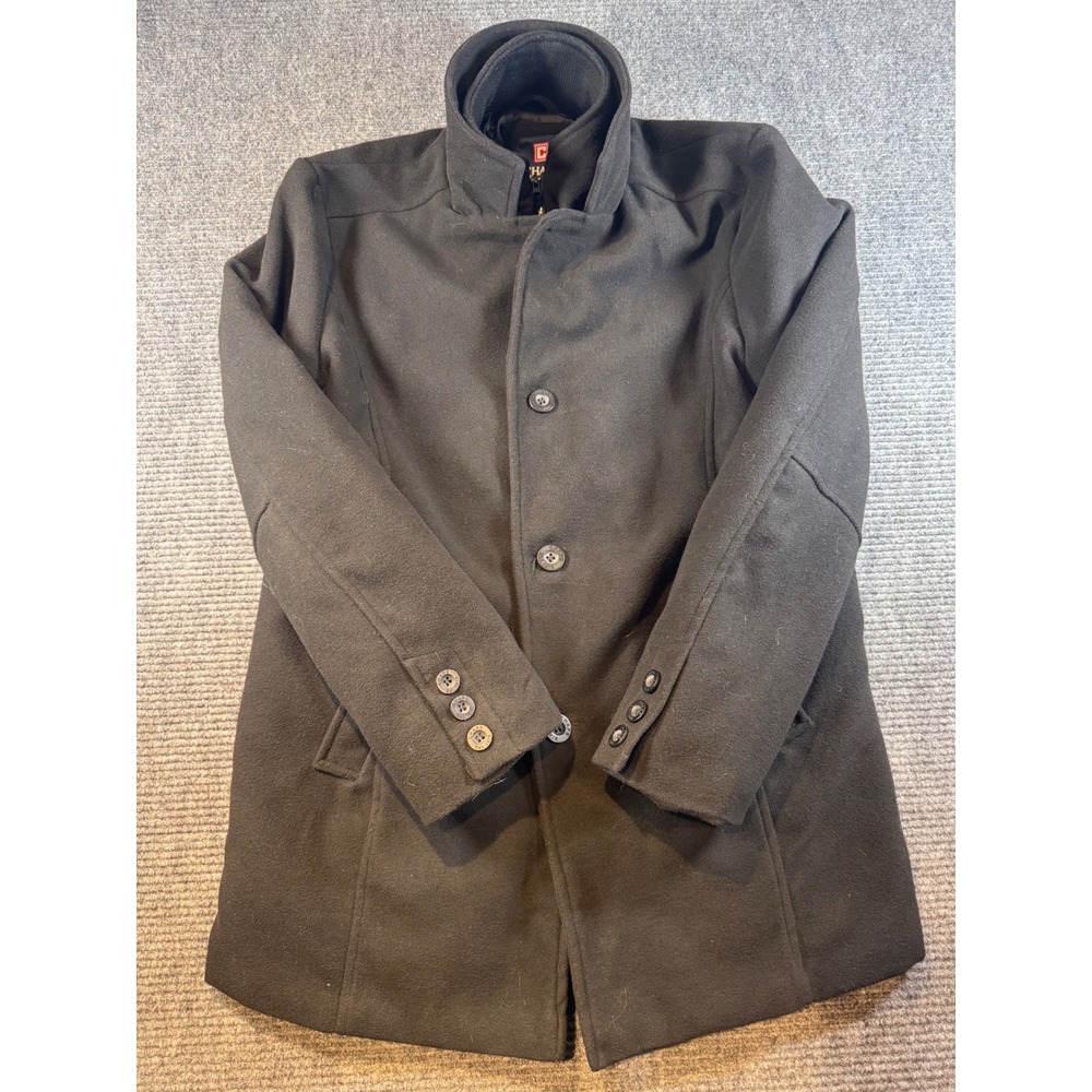 Chaps Mens Black Wool Blend Walking Coat Jacket L/G Button Front Zip Up